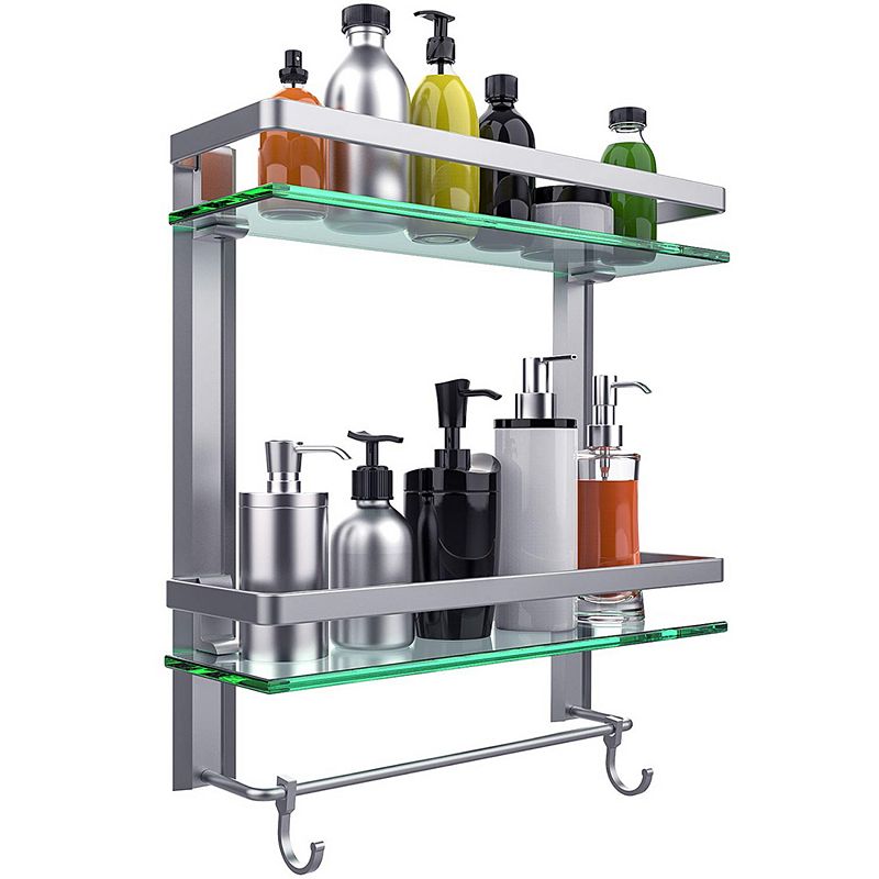 Wall Mounted Bathroom Organizer Shelf with 2-Tier Glass Shelves and Integrated Towel Bar