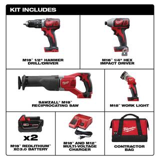 MW M18 18V Lithium-Ion Cordless Combo Tool Kit with Two 3.0Ah Batteries 1-Charger 1-Tool Bag (4-Tool) 2696-24