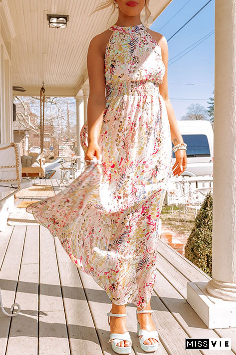 Multicolor Crisscross Backless Long Floral Dress