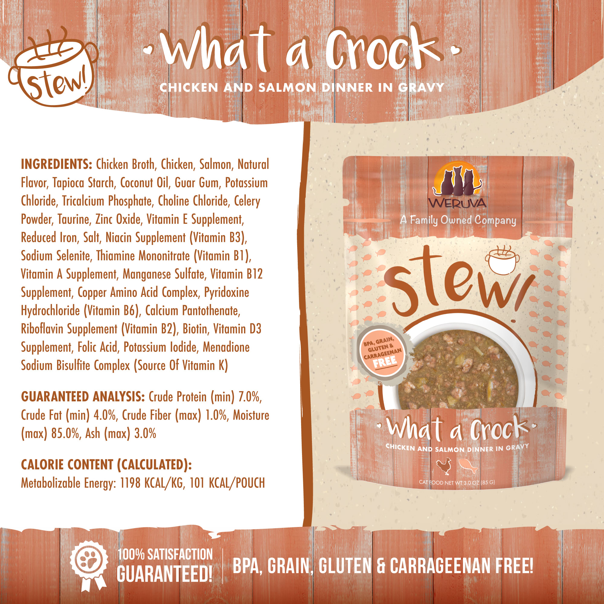 Weruva Stew! What a Crock Chicken and Salmon Dinner in Gravy Wet Cat Food， 3 oz.， Case of 12