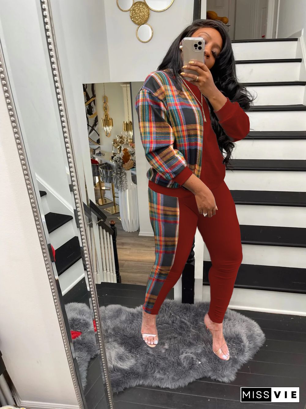 Plaid Patchwork Long Sleeve Sweatshirt Pencil Pants Set