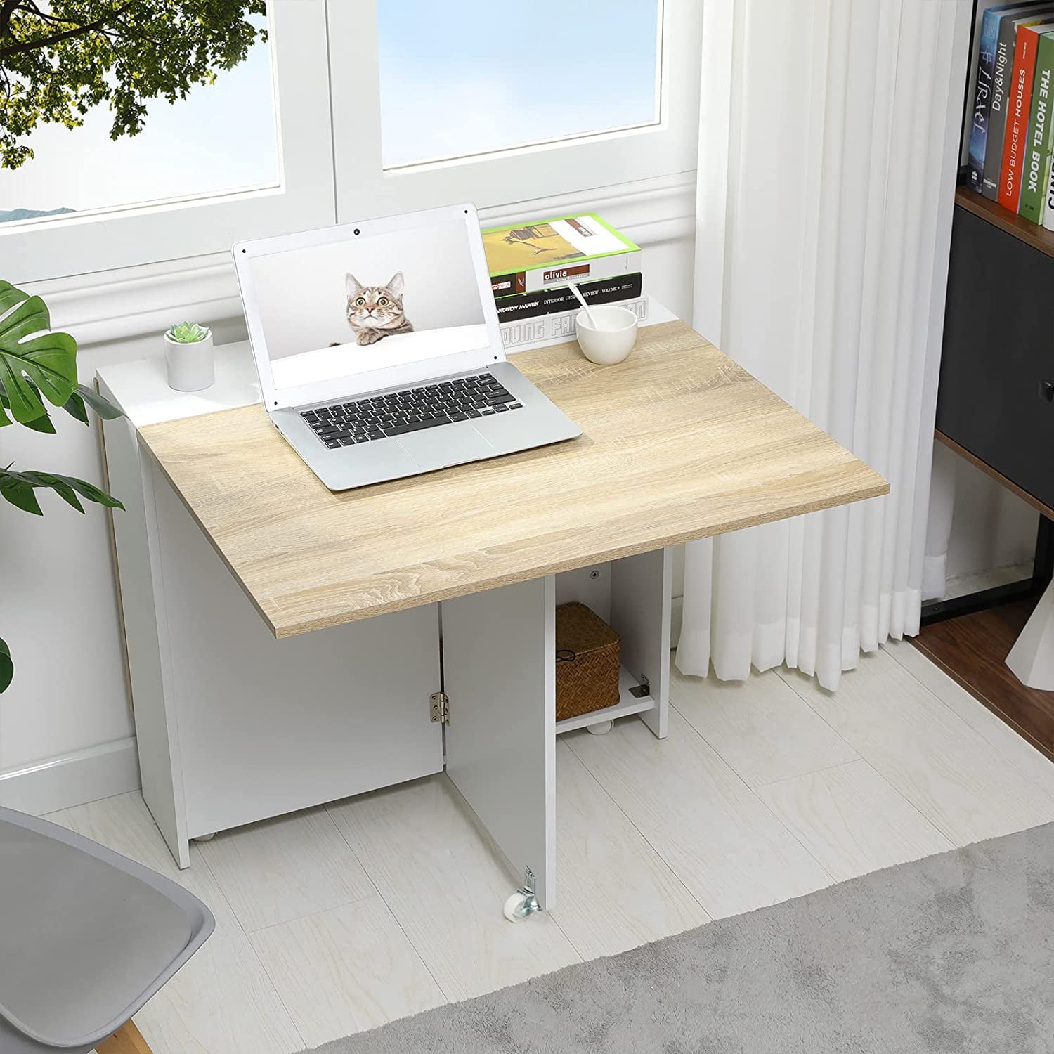 Folding Dining Table Multifunction Rolling Drop Leaf Desk, Kitchen Bedroom Living Room Small Space, Square White Wooden