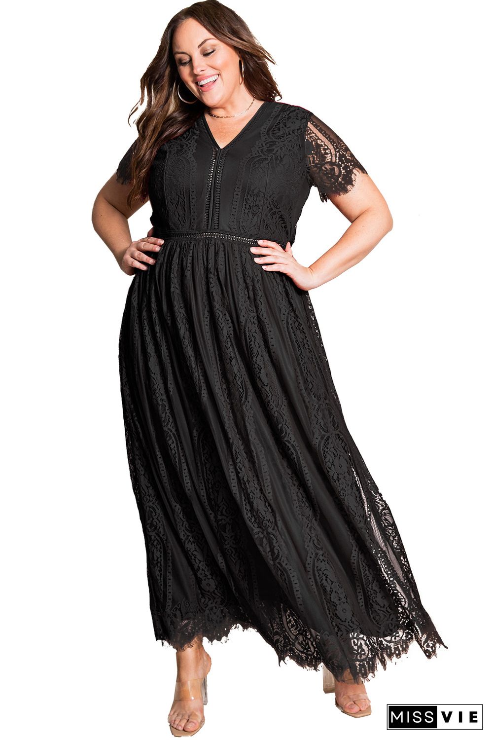 Black Eyelash Lace Short Sleeve Curvy Maxi Dress