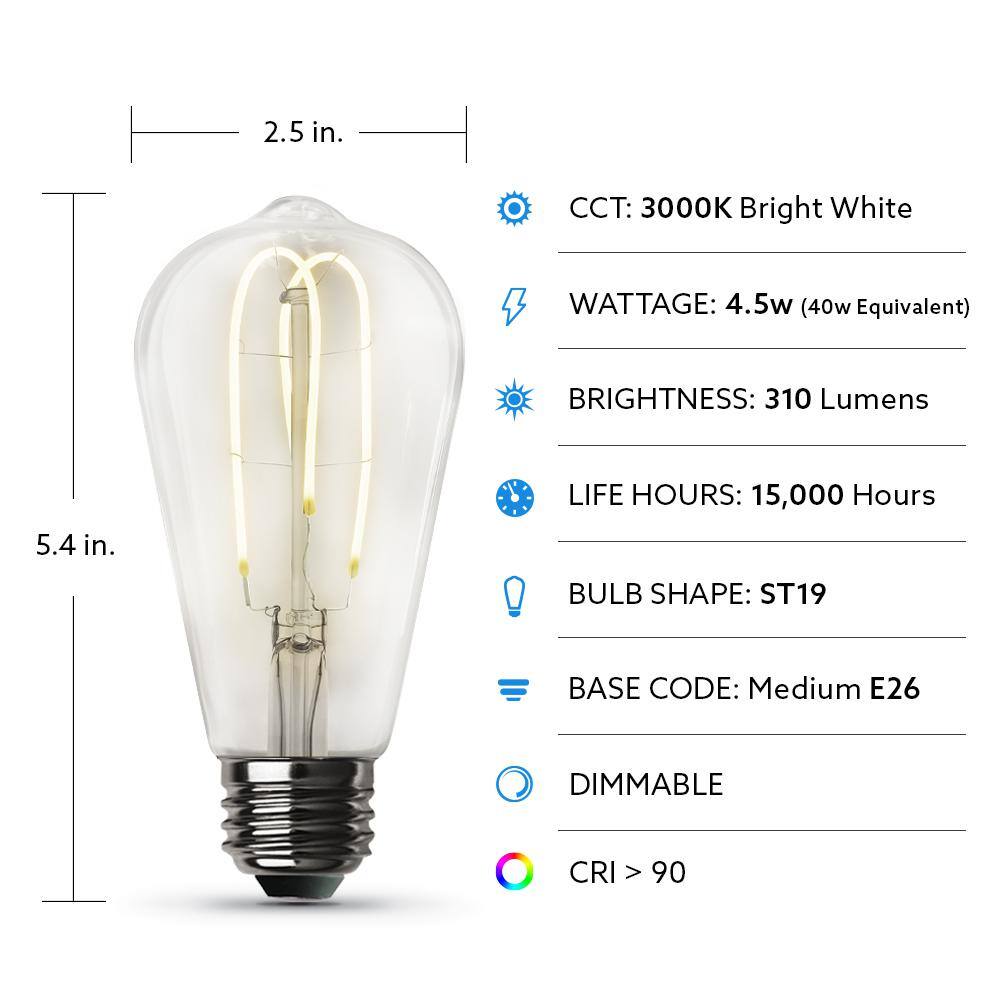 Feit Electric 40-Watt Equivalent ST19 DImmable M Shape Filament Clear Glass Vintage Edison LED Light Bulb Bright White (12-Pack) ST1940MCL930CAHDRP12