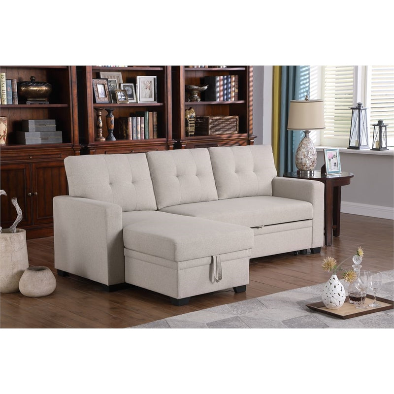 Pemberly Row Polyester Fabric Reversible Sleeper Sectional Sofa in Beige