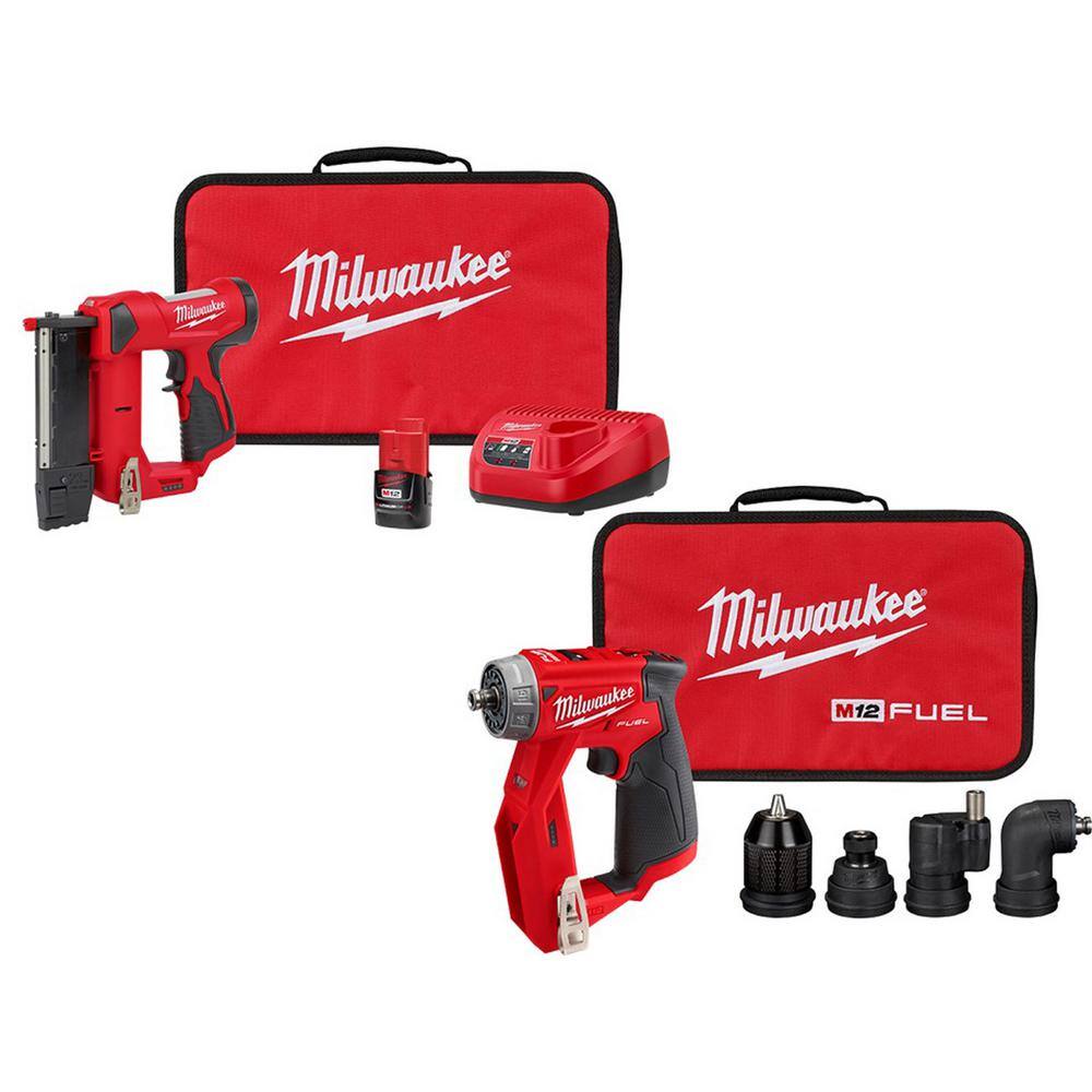 MW M12 12-Volt 23-Gauge Lithium-Ion Cordless Pin Nailer Kit with M12 FUEL Cordless 4-in-1 Installation 38 in. Drill Driver 2540-21-2505-20