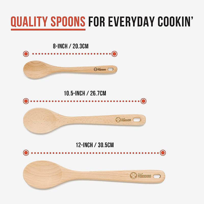 Chef Pomodoro Wooden Spoons For Cooking 3-piece Set， Solid Beechwood ， 12-inch， 10.5-inch， 8-inch