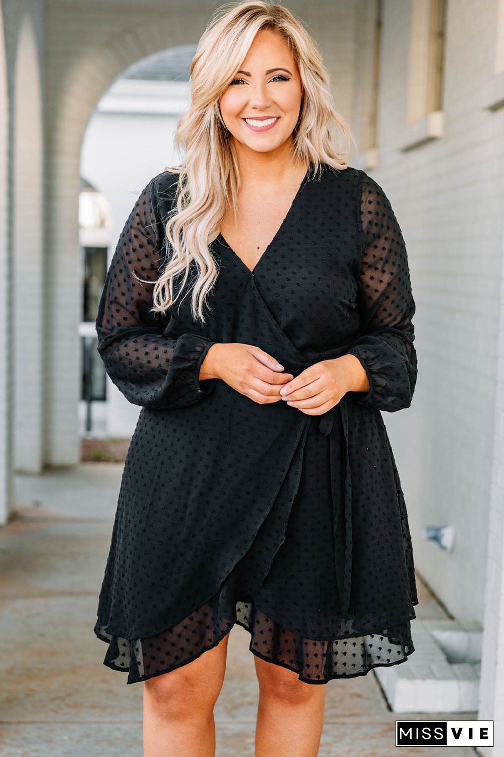 Black Plus Size Swiss Dot V Neck Wrap Long Sleeve Dress