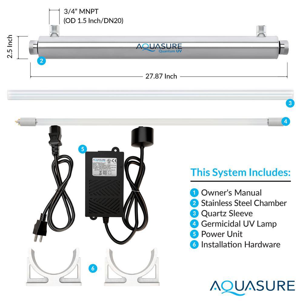 AQUASURE Quantum Series 8 GPM Ultraviolet UV Light Water Filter System for Whole House Water Sterilization Disinfection AS-UV8S