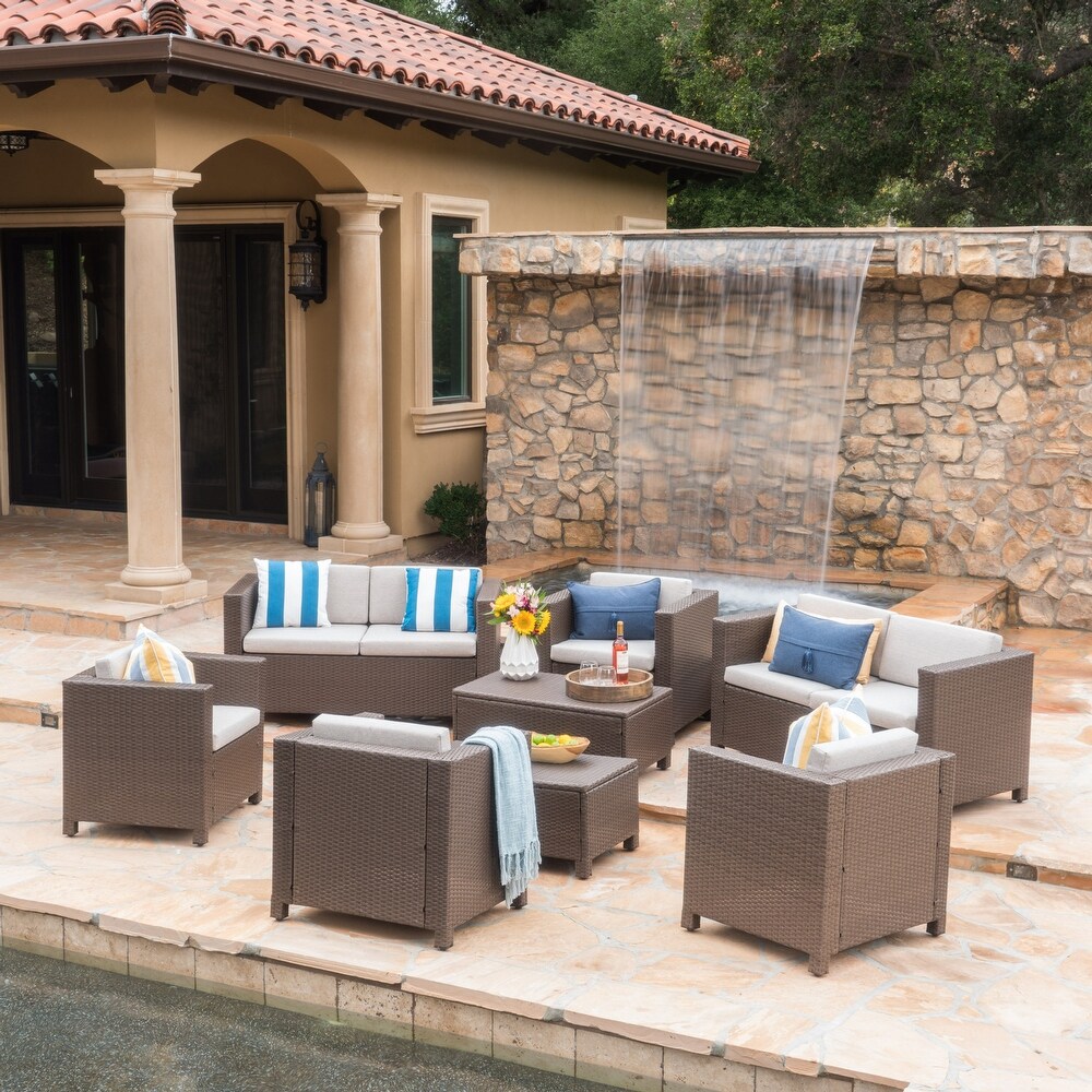 Puerta Outdoor 8 piece Wicker Sofa Chat Set with Cushions by Christopher Knight Home