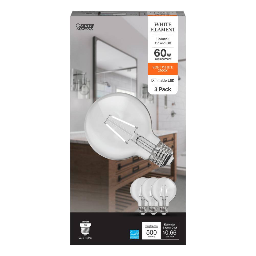 Feit Electric 60-Watt Equivalent G25 Dimmable White Filament CEC Clear Glass LED Globe Light Bulb Soft White 2700K (3-Pack) G2560927CAWFILHDRP3