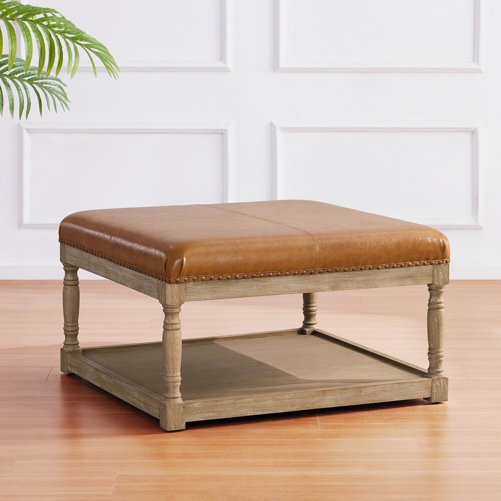 Tufted Textile Shelved Ottoman Table Brown/ Beige/ Light Blue