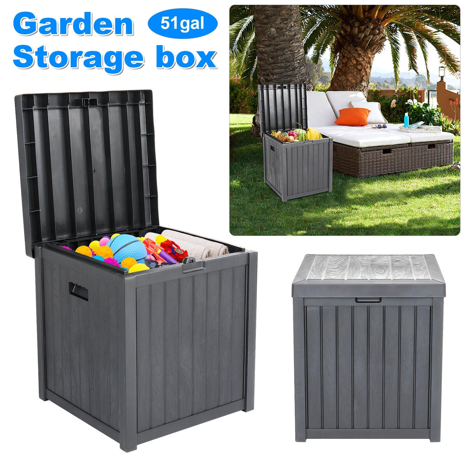 51 Gallon Deck Box Storage Container Box for Patio Furniture, Outdoor Cushion, Garden Tool and Sports Equipment with Lockable Lid