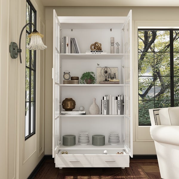 White Bookcase with Glass Doors Display Cabinet Bookshelf Organizer - 70.9