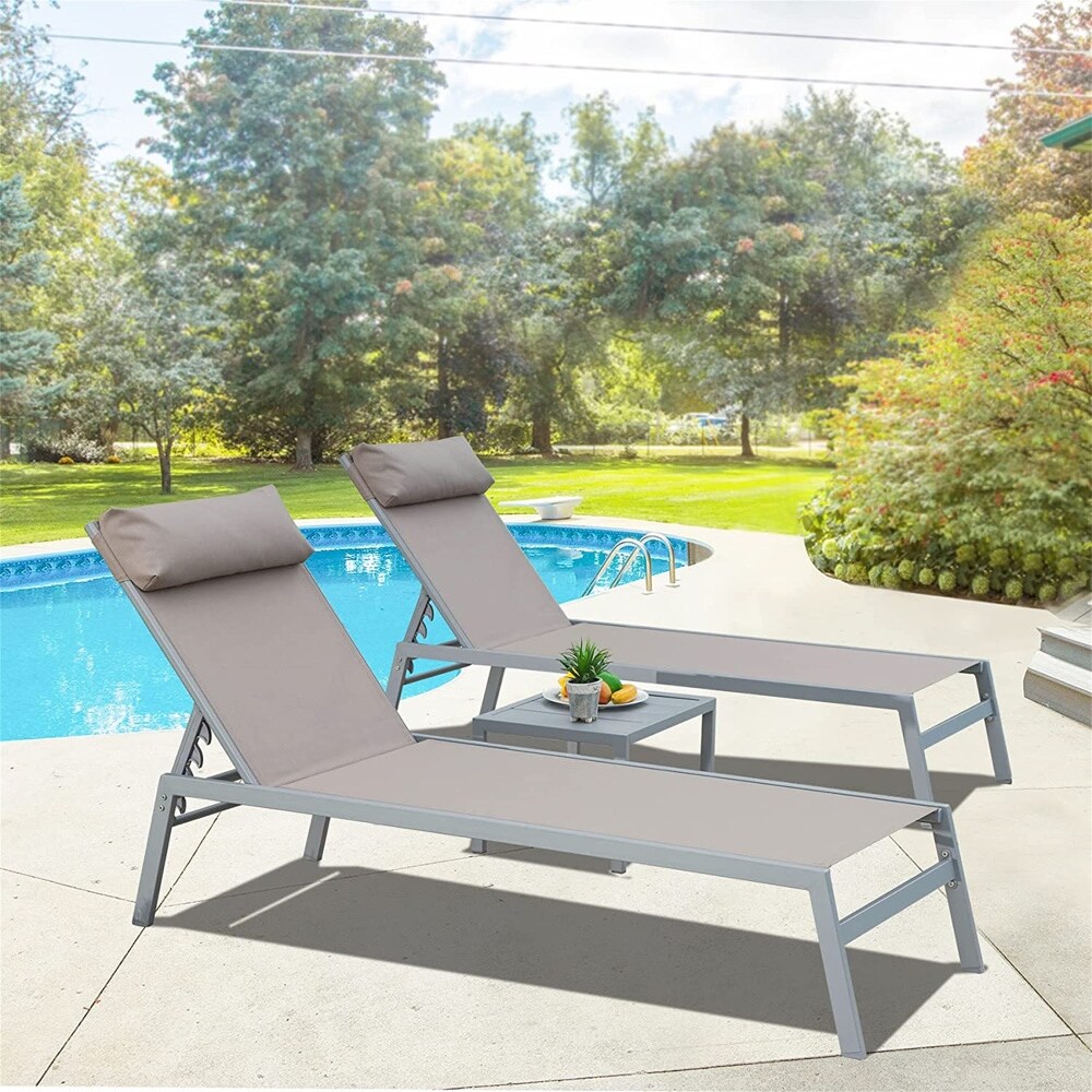 3-Piece Outdoor Chaise Lounge Adjustable Back with Table and Headrest - N/A - Overstock - 37952818