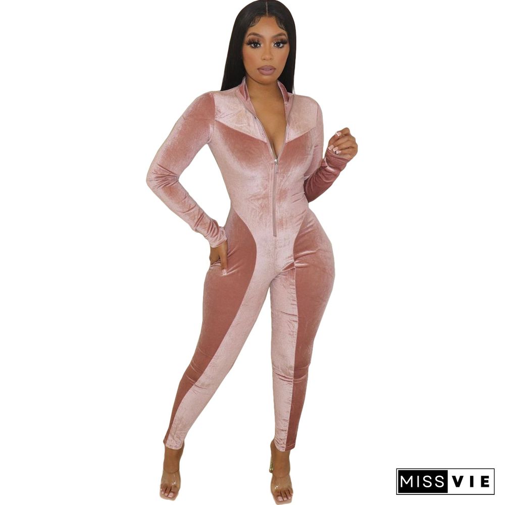 Velvet Patchwork Front Zipper Bodycon Jumpsuit