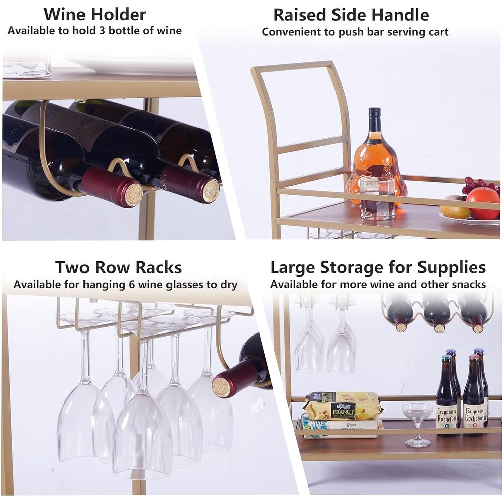 Gold Wood Wine Kitchen Cart with Wheels and Wine Rack