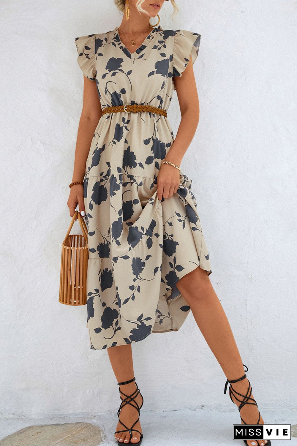 Floral V Neck Beach Ruffle Sleeve Midi Dress