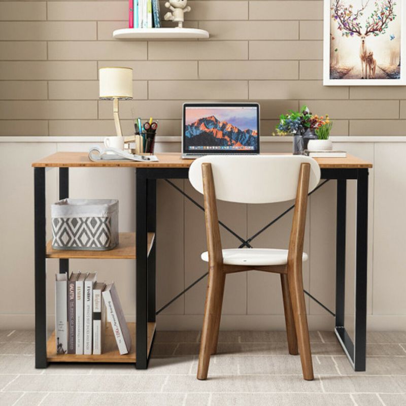 Computer Desk with Wicker Top and 2 Storage Shelves-Natural Desk