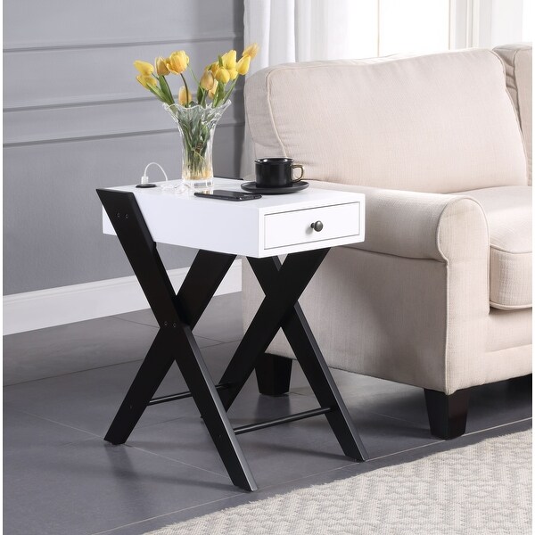 Fierce Side Table (USB Charging Dock) ， Wooden Top Drawer with X-Shape Leg