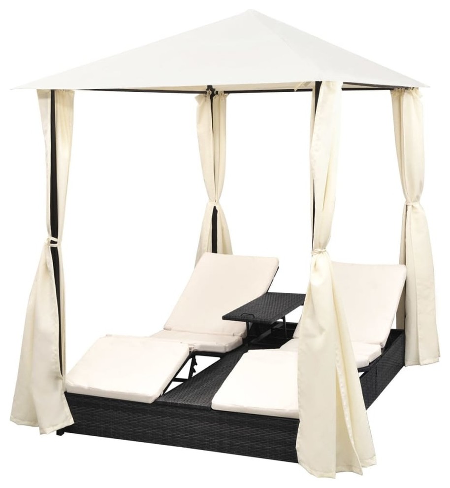 vidaXL Double Sun Lounger Patio Sun Lounger with Curtains Poly Rattan Brown   Tropical   Outdoor Lounge Sets   by vidaXL LLC  Houzz