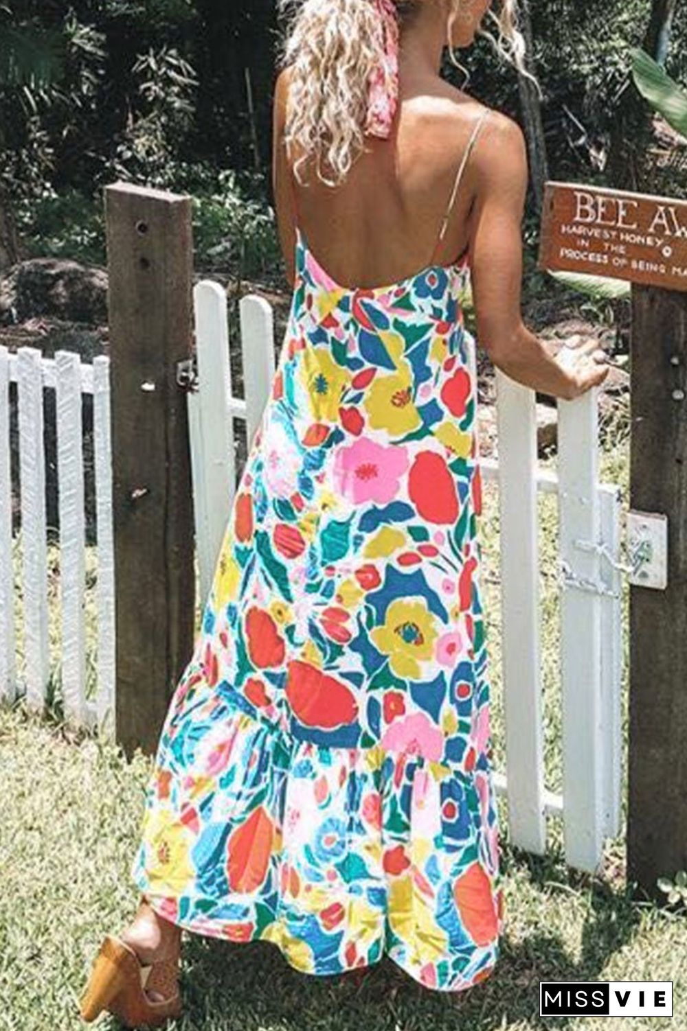 Floral Printed Backless Mid Calf Dress With Pocket