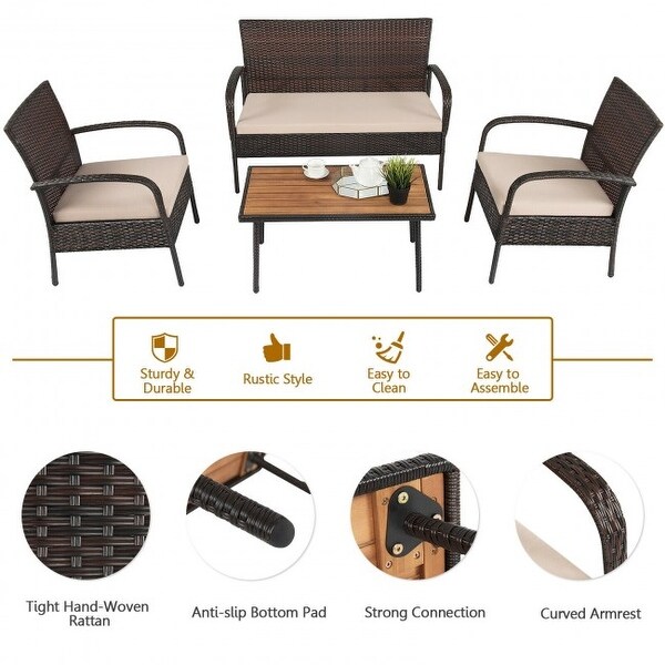 4Pcs Patio Rattan Outdoor Conversation Set with Cushions