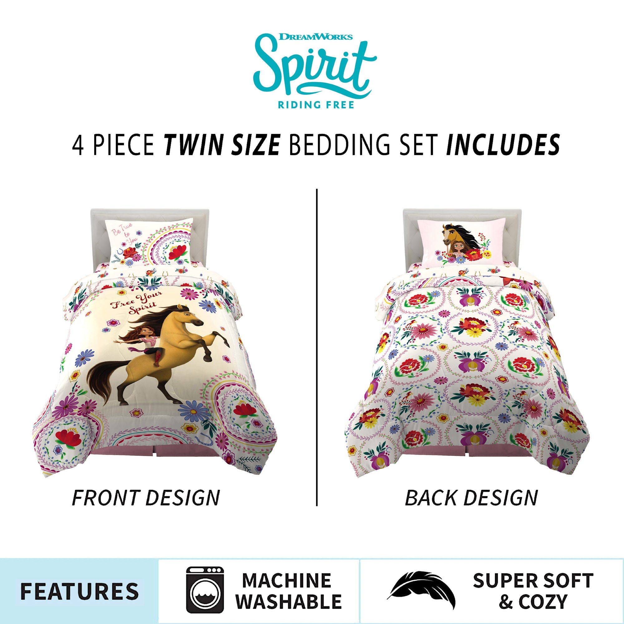 Spirit Riding Free Kids Twin Bed in a Bag, Comforter and Sheets, Yellow and Pink, DreamWorks