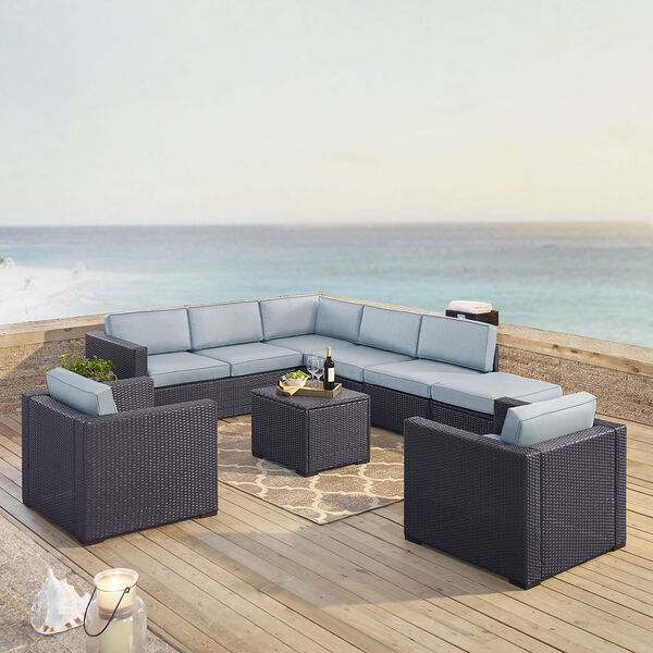 Biscayne 8 Person Outdoor Wicker Seating Set in Mist  - Two Loveseats， Two Arm Chairs， One Armless Chair， Coffee Table， Ottoman