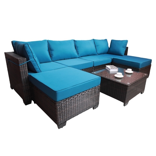 7Piece Rattan Sectional Sofa Set with Cushions and Table