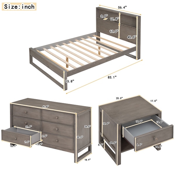 3-Pieces Bedroom Sets Full Size Platform Bed with Nightstand and Dresser - - 37542517