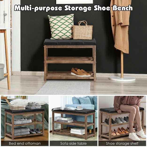 Costway 2 tier Wooden Shoe Rack Bench W padded Seat For Entryway Bedroom