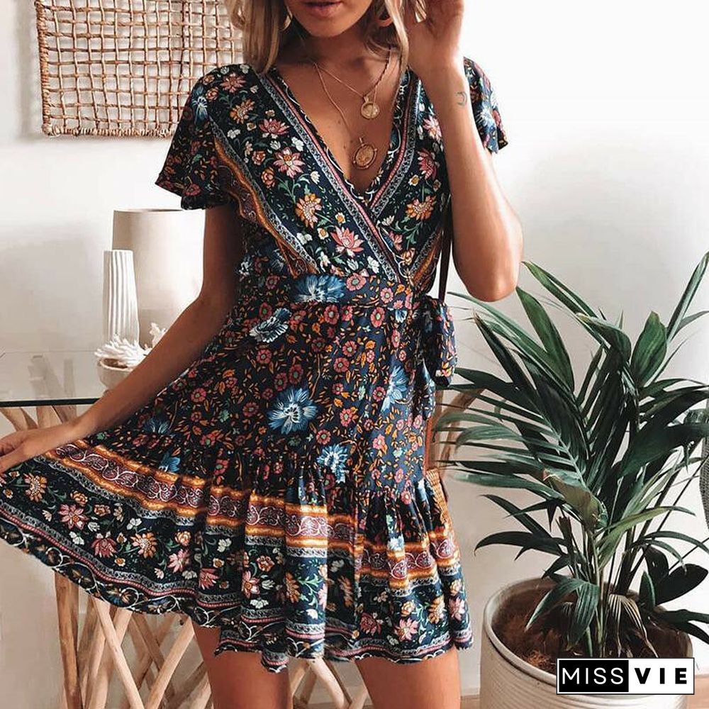 Summer Women Dress Fashion Boho Style Floral Mini Dress Casual Ruffle Sundress Ladies Party Dresses Flower Print Ladies Dresses