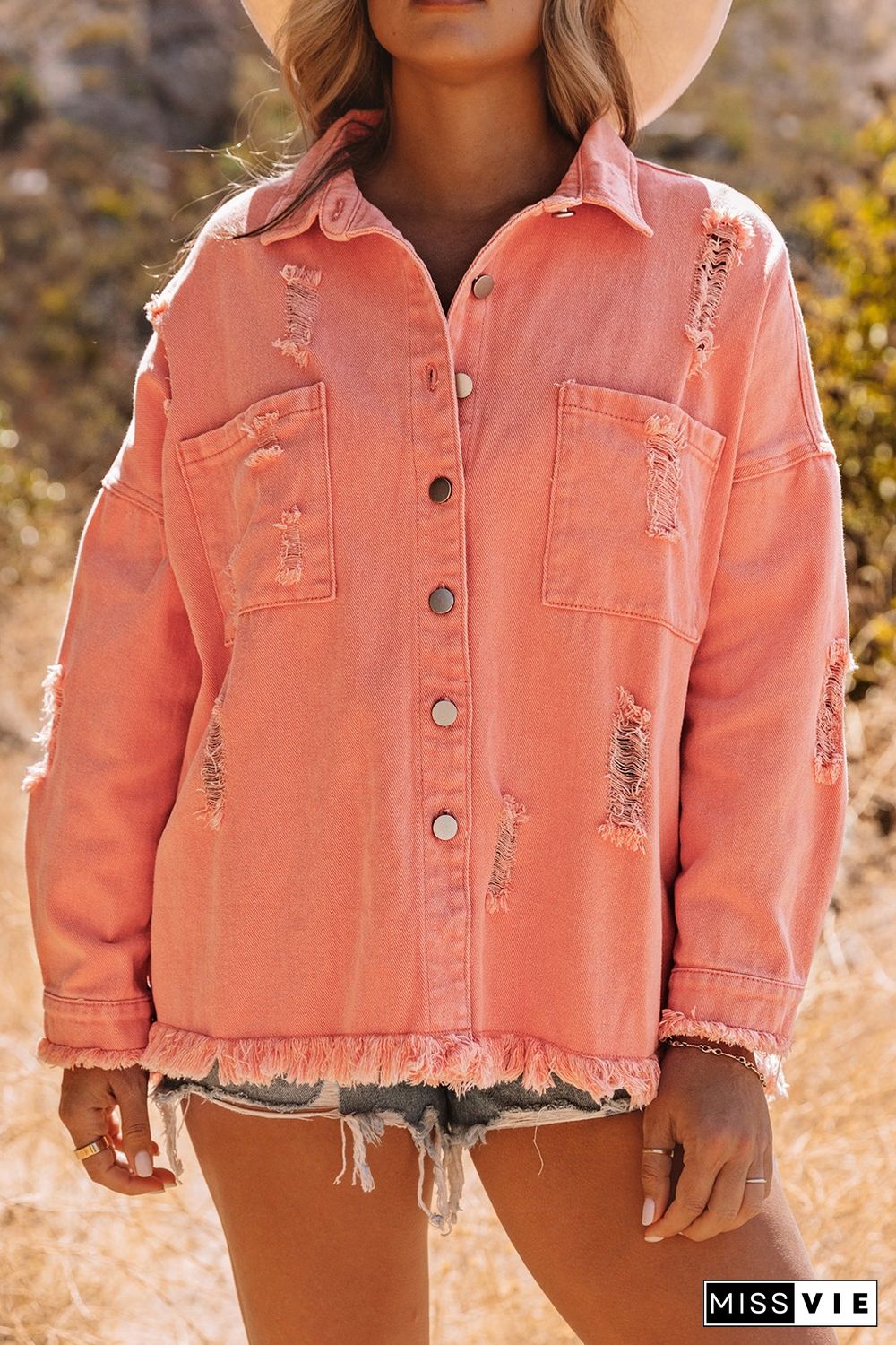 Orange Distressed Fringe Trim Denim Jacket