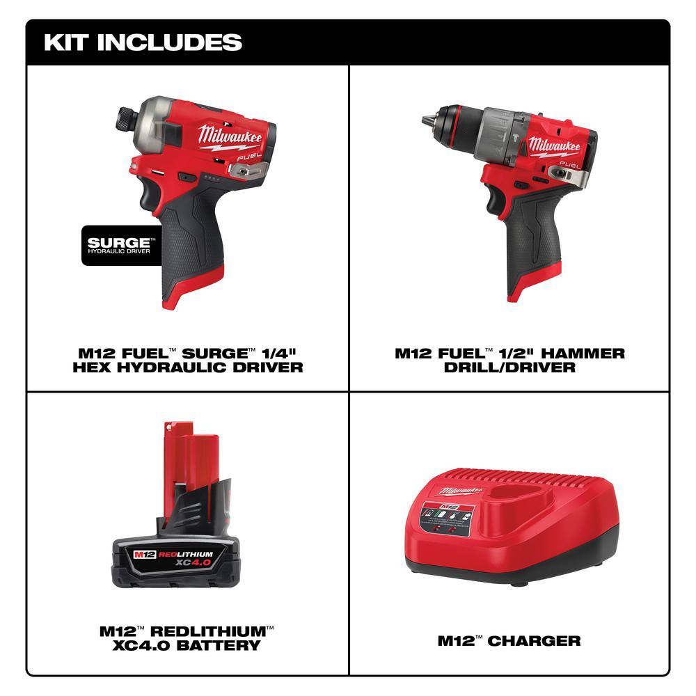 MW M12 FUEL 12-Volt Lithium-Ion Brushless Cordless SURGE 14 in. Impact Driver  M12 FUEL Hammer Drill wBattery  Charger 48-59-2440-2551-20-3404-20