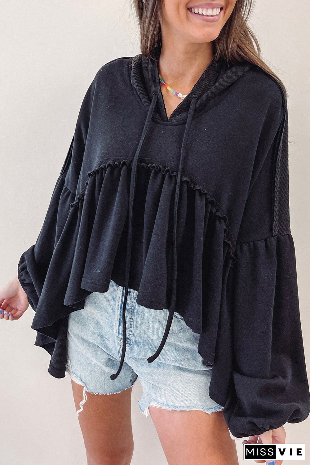 Black Oversized Ruffled High Low Hem Drop Shoulder Hoodie