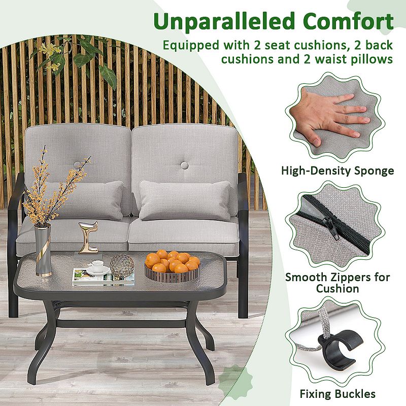 Outdoor Loveseat Chair Set With Tempered Glass Coffee Table