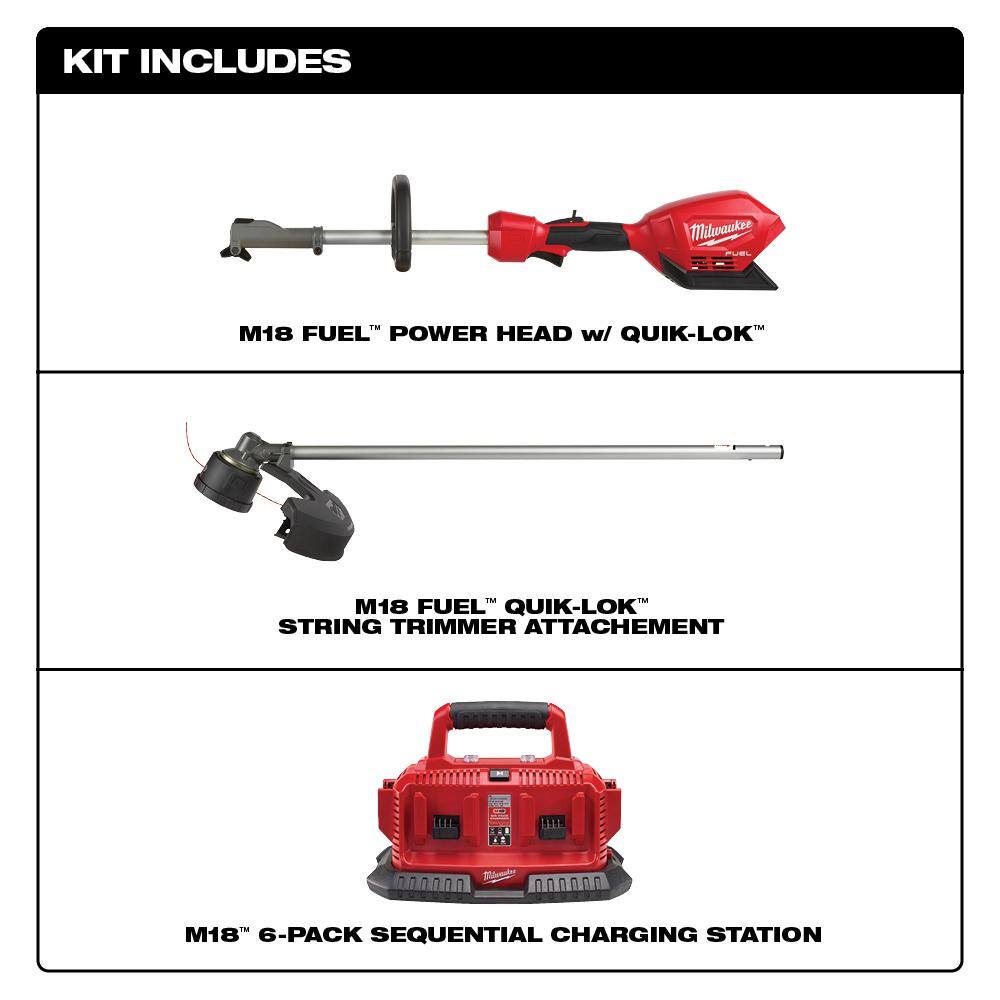 MW M18 FUEL 18V Lithium-Ion Cordless Brushless String Trimmer with Attachment Capability with M18 6-Port BatteryCharger 2825-20ST-48-59-1806