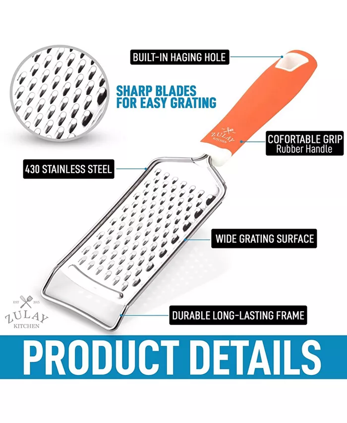 Zulay Kitchen Professional Stainless Steel Flat Handheld Cheese Grater (Orange)