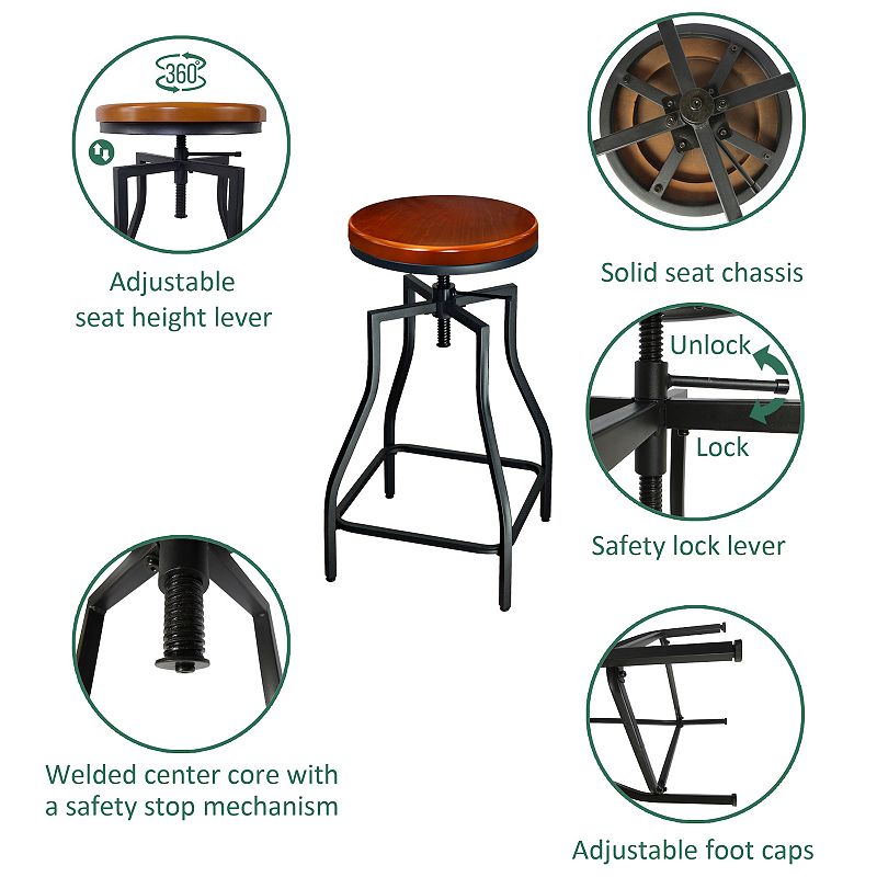 eHemco Adjustable Swivel Metal Kitchen Counter Height Backless Barstool with Wood Veneer Seat