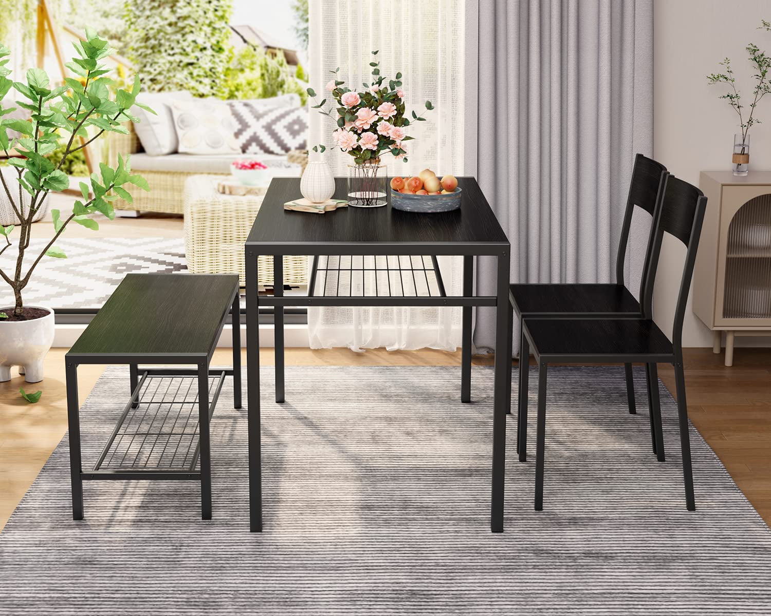 Aiho 4 Piece Kitchen Table with 2 Chairs and Bench for Dining Room, Black