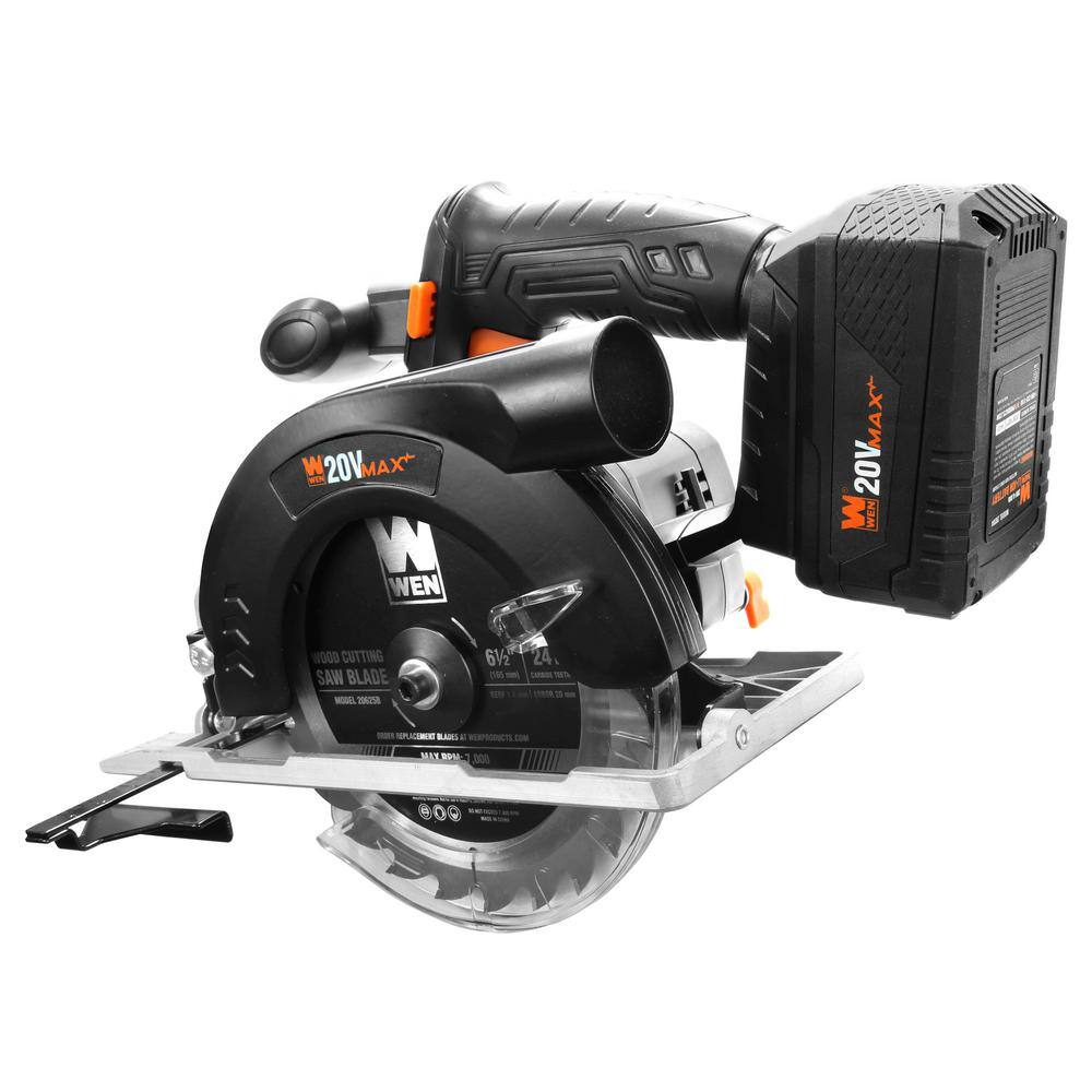 WEN 20-Volt Max 6.5 in. Cordless Circular Saw with 4.0 Ah Lithium-Ion Battery and Charger 20625