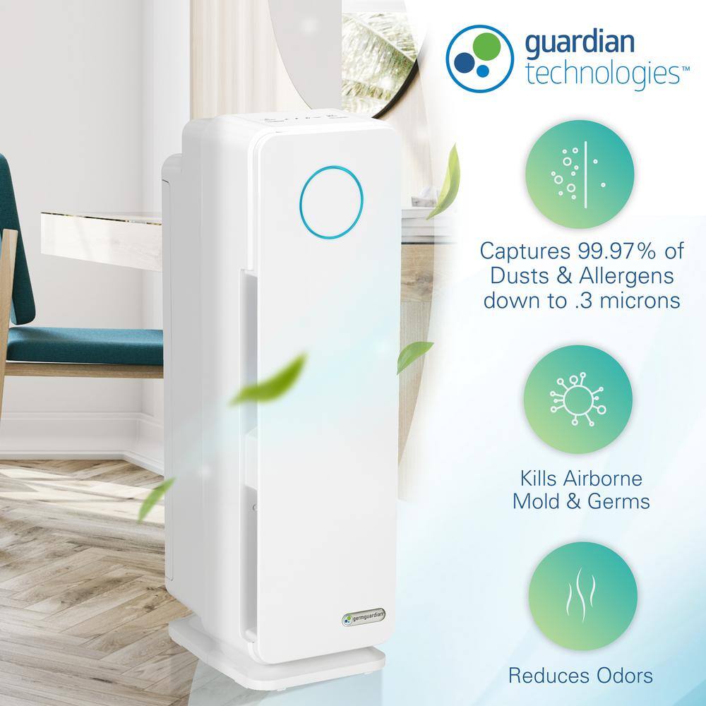 GermGuardian Elite 5-in-1 Air Purifier with Pet Pure True HEPA filter UV Sanitizer for Medium Rooms up to 153 Sq Ft White AC4300WPT