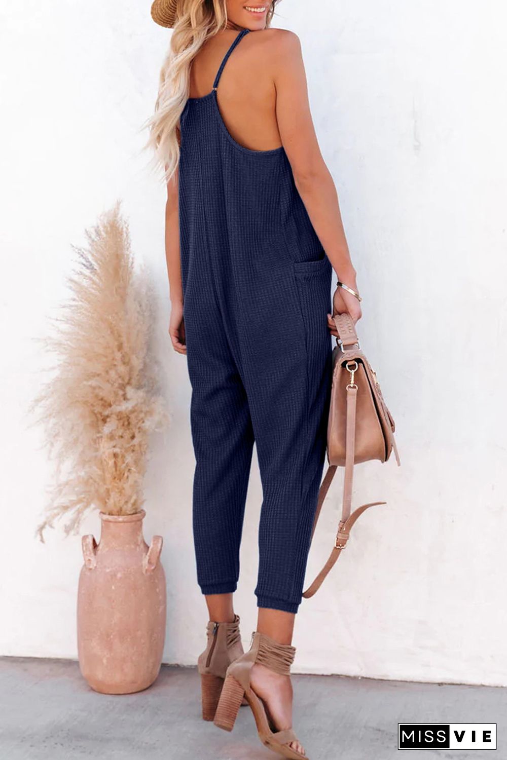 Blue Textured Sleeveless V-Neck Pocketed Casual Jumpsuit