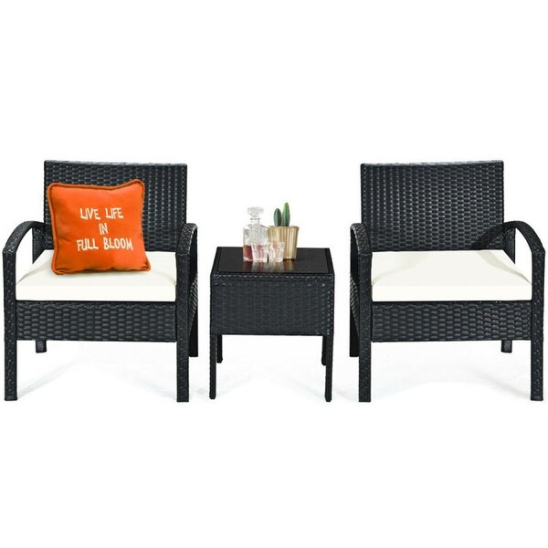 3 Pieces Outdoor Rattan Patio Conversation Set with Seat Cushions -  - 37563811