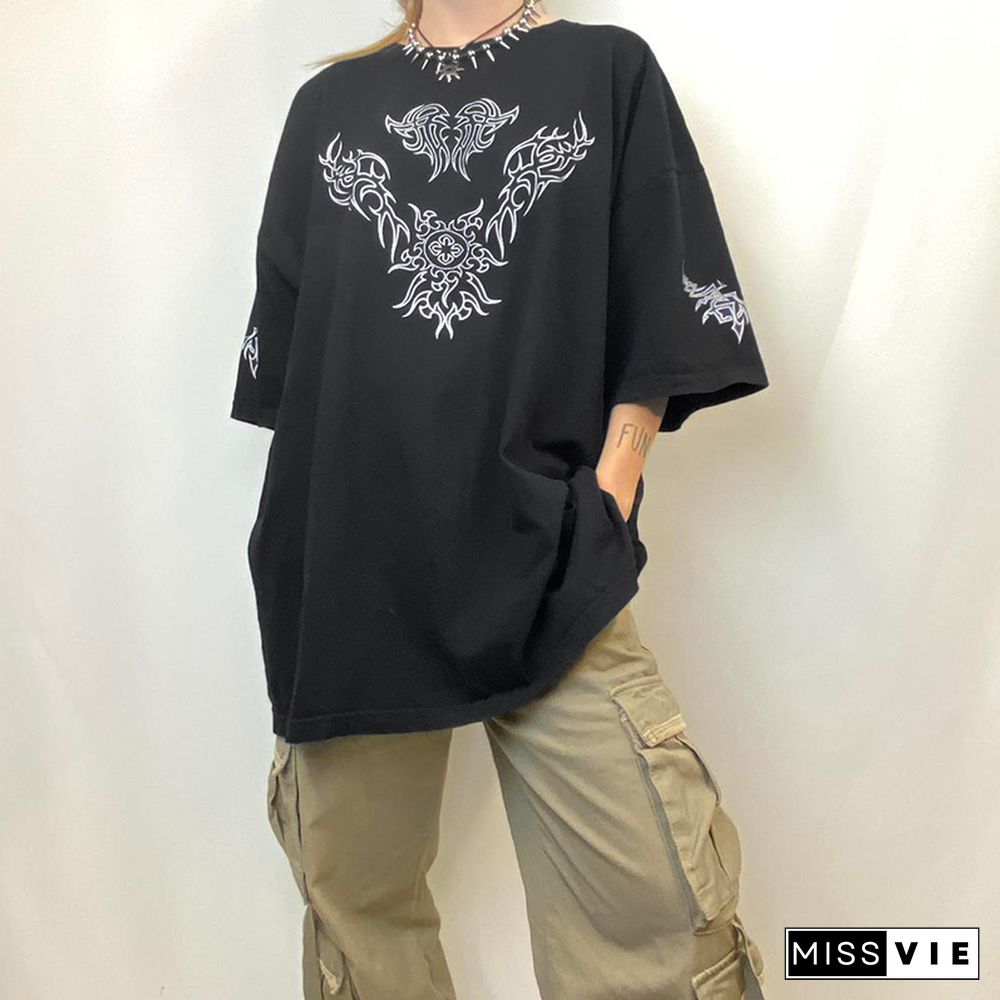 Fashion Oversized Black Long T-Shirts Women Goth Print Aesthetic Grunge Graphic Tees Short Sleeve Tops Summer Clothing