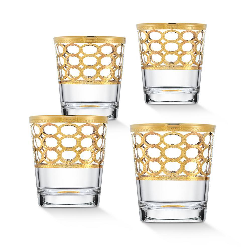 Lorren Home Trends 10 oz. Gold Ring Double Old Fashion TumblerWhiskey (Set of 4) 1504