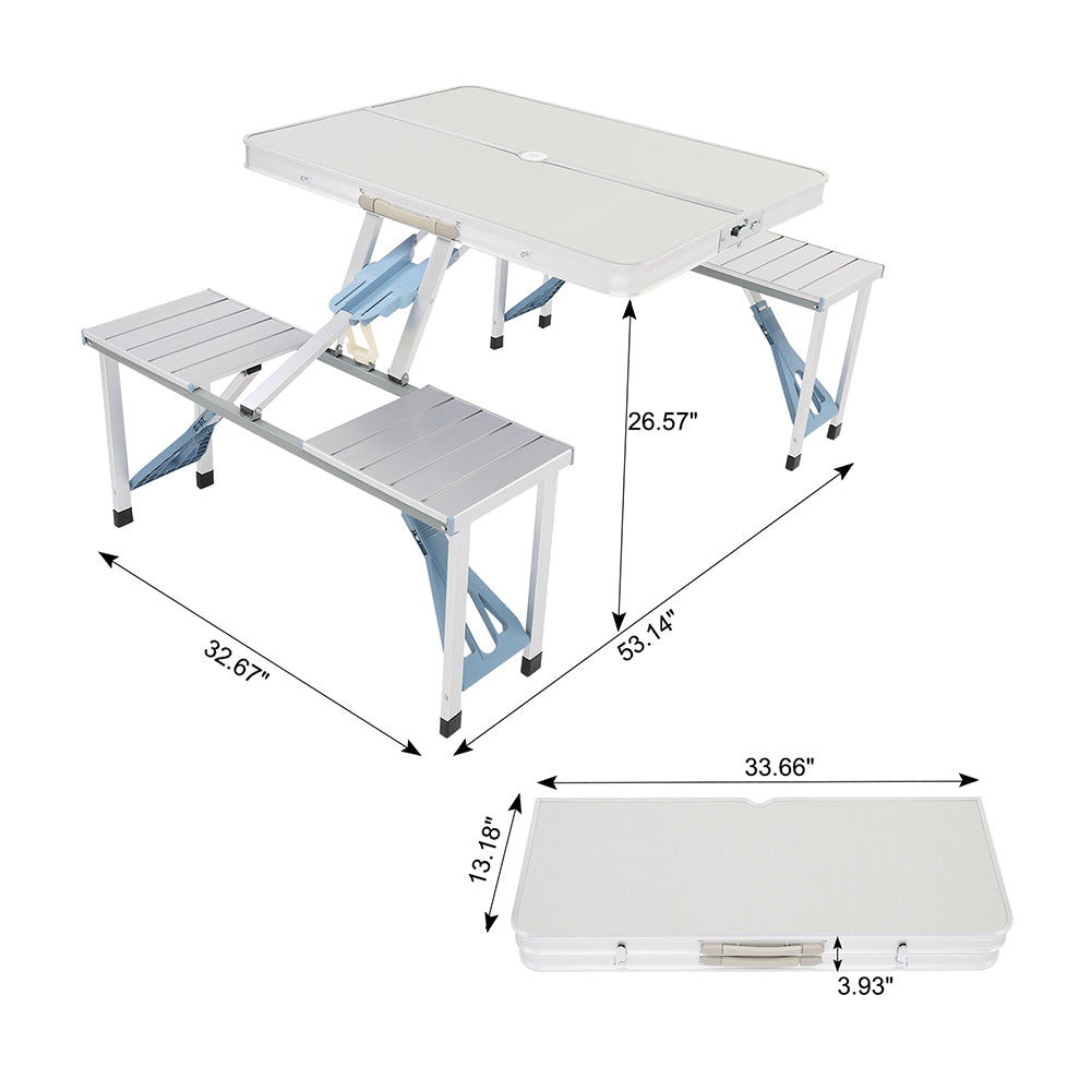 Folding Camping Picnic Table with 4 Seats with Patio Umbrella Hole， Portable Table Aluminum Alloy Frame with Soft Handle for Barbecue， Travel， Outing， Gathering