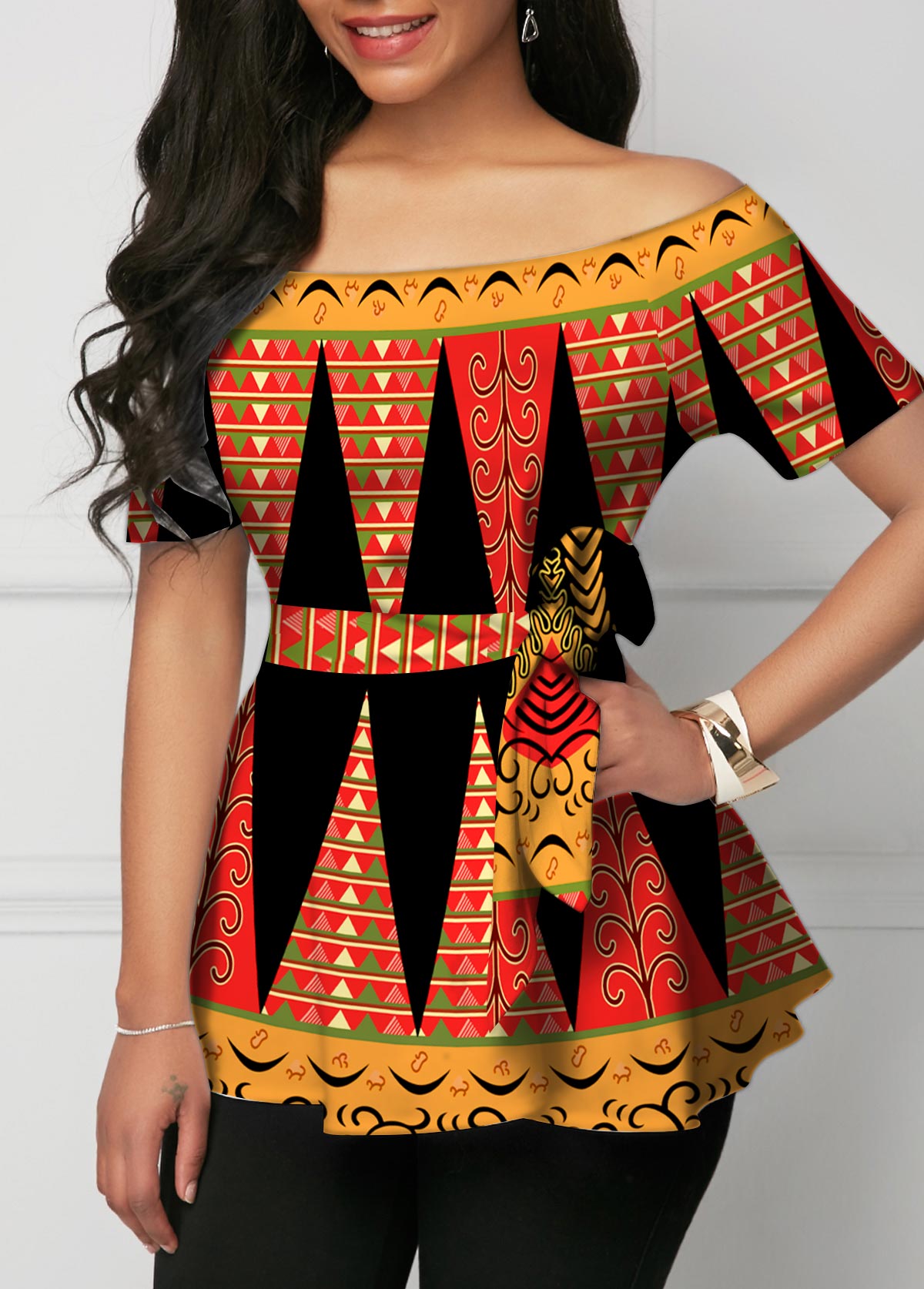 Tribal Print Off Shoulder Short Sleeve Blouse