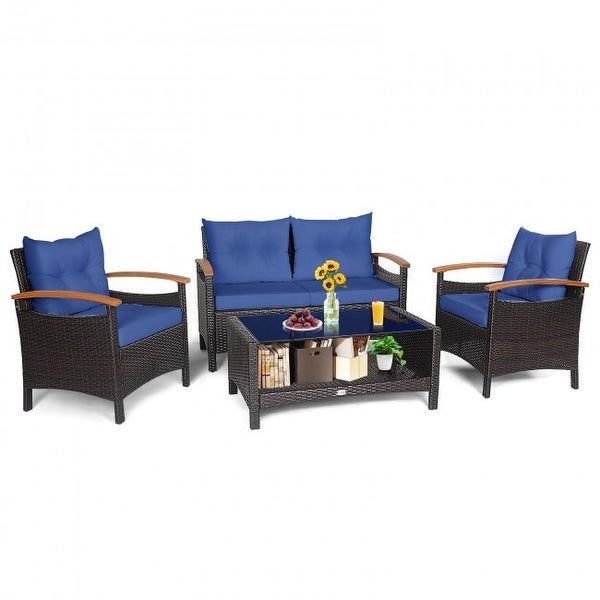 4 Pieces Patio Rattan Furniture Set with Cushioned Sofa and Storage Table - 46.5